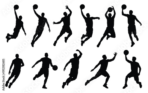 Collection of black silhouettes of basketball players in dynamic poses jumping and playing on white background action sports graphics
