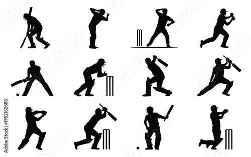 Cricket players in various batting and running poses with bats and wickets on a white background