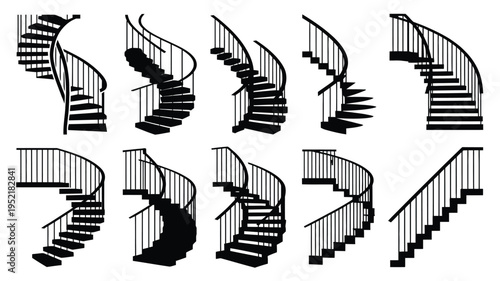 Collection of various curved staircase designs and styles in black silhouette on white background for architecture and design