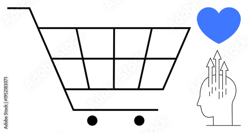 Consumer behavior concept. Shopping cart, human head with arrows, and heart showing emotional connections in buying decisions. Consumer psychology for e-commerce, retail, marketing, analytics