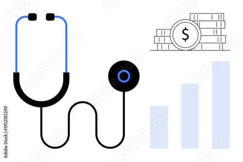 Healthcare costs. Stethoscope, coins, and bar graph healthcare costs and financial planning. Healthcare costs for budgeting, insurance, medical economics, and investment analysis