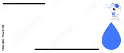 Artificial intelligence, mental health, creativity, technology innovation, neuroscience, data analysis. Outline of a head with brain gears and a water drop. Artificial intelligence and mental health