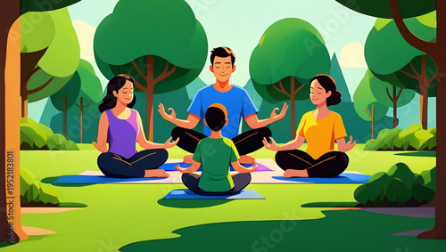 Family and kid sitting in lotus position for meditation