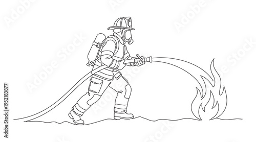 line drawing of firefighter putting out fire