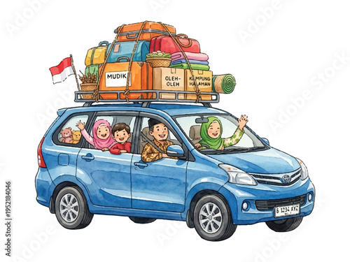 watercolor indonesia family mudik illustration