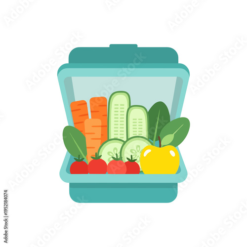 Lunchbox with veggies including carrots, cucumber, tomato, apple  