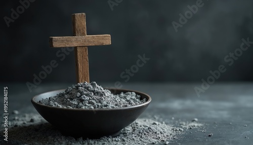 Wooden cross stands in bowl of ash. This symbol represents solemnity, penance, and Christian faith. Ash Wednesday ritual signifies mortality and devotion. It marks start of Lent.