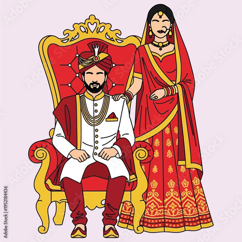 Traditional south asian wedding couple in ornate red and white ethnic bridal attire on royal throne vector