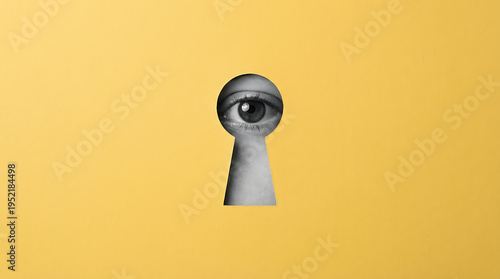 A gray keyhole with a human eye looking through it set against a bright yellow background with a sense of curiosity and surveillance