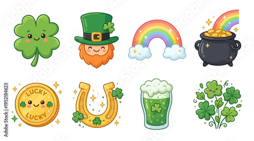 A delightful collection of cute St. Patrick's Day themed kawaii icons including a clover, leprechaun, rainbow, pot of gold, horseshoe, beer, and lucky charms