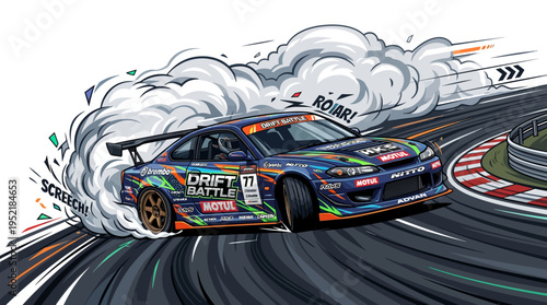 Dynamic racing car drifting on a circuit, leaving a trail of smoke
