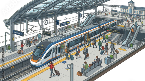 Train station with passengers boarding and disembarking a modern high-speed train, illustrating urban transportation and travel