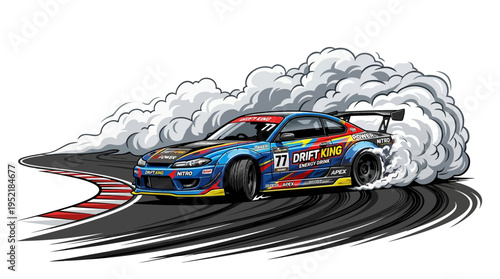 Dynamic drifting car illustration with smoke trails on a race track