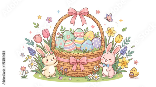 Charming Easter Basket Scene with Adorable Bunnies, Colorful Eggs, and Spring Flowers