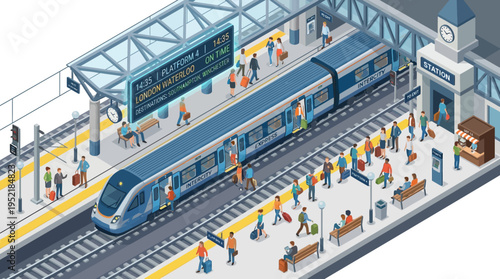Isometric view of a busy train station with passengers boarding and disembarking from a modern blue train on the platform, showcasing urban transportation and travel