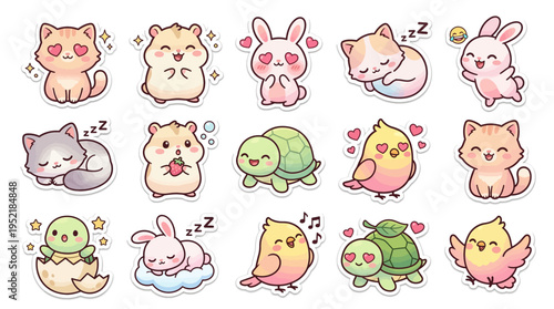 Adorable kawaii animal sticker set with cute cats, hamsters, birds, rabbits, and turtles, perfect for journaling and crafts