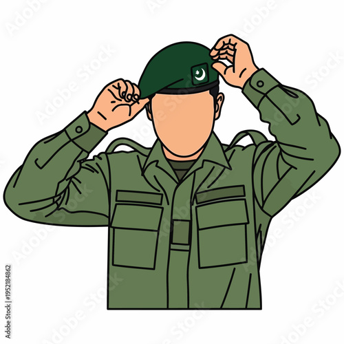 Pakistani soldier adjusting green beret uniform cap with national flag patch insignia vector character portrait