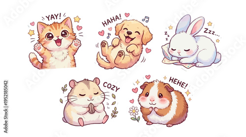 Adorable Kawaii Animal Sticker Pack Featuring a Cat, Dog, Bunny, Hamster, and Guinea Pig with Playful Expressions