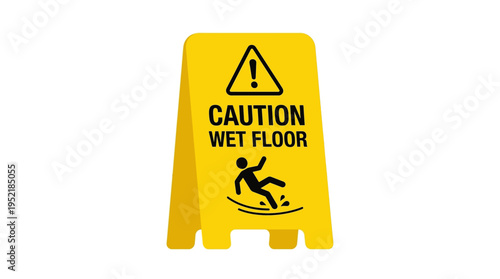 Yellow caution wet floor sign with a warning symbol and pictogram of a person slipping