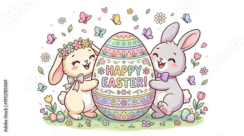 Adorable Easter illustration with two cute bunnies celebrating, surrounded by colorful flowers, butterflies and decorated Easter egg