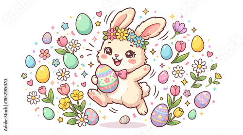Adorable Easter bunny with a floral crown, happily hopping with decorated eggs and spring flowers, celebrating the holiday