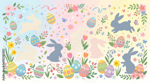 Happy Easter illustration with colorful decorated eggs, cheerful bunnies, and blooming flowers in a spring meadow