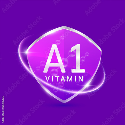 Molecules vetinol vitamin A1 solution in translucent glass shield modern purple surrounded by glowing ring. Vitamins immunity. For design cosmetics or supplement products. 3D Vector EPS10.