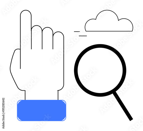 Hand pointing up, magnifying glass, and cloud illustrating discovery, analysis, search, exploration, inspiration, learning and technology concepts. Ideal for a simple flat metaphor