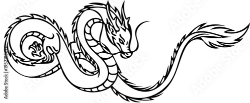 Intricate Line Art Illustration of a Mythical Chinese Dragon with Detailed Scales and Flowing Mane