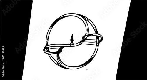 Intricate Gyroscopic Mechanism with a Solitary Figure Navigating its Intertwined Circular Pathways, Symbolizing Exploration, Balance, and the Complexity of Systems