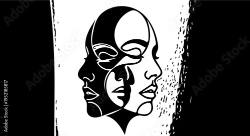 Abstract depiction of two faces in profile, one superimposed on the other, in a minimalist black and white line art style