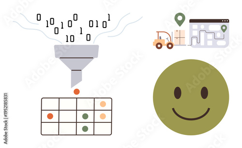 Data processing, logistics, route planning, digital mapping, data visualization, positive feedback. A funnel sorts binary data into a grid with a map and happy face nearby. Data processing