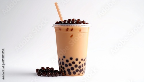 Refreshing Bubble Tea with Tapioca Pearls on White Background.