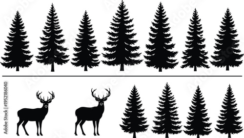 Black silhouette vector set of evergreen pine trees and majestic bucks with antlers for forest wilderness and outdoor nature design