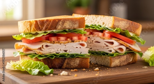 A delicious sandwich cut in half on a wooden cutting board