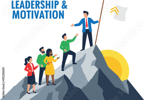 Business Leader Guiding Team Up Mountain for Leadership and Motivation Concept Achieving Success Together Career Progress Vision and Teamwork Achievement