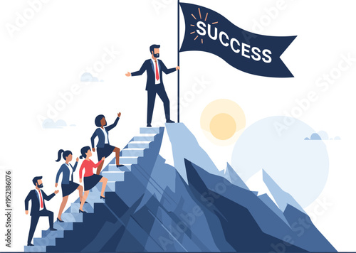 Business Leader Holding Success Flag on Mountain Peak with Team Climbing Stairs for Leadership Motivation Achievement Goal and Career Growth Concept
