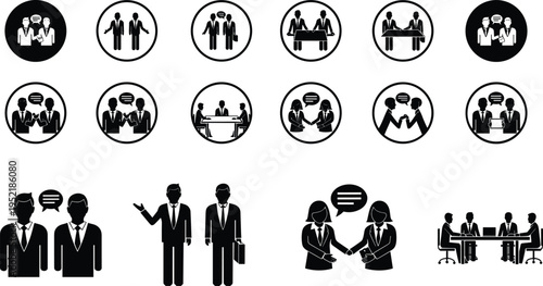 Business Meeting Icon Set Featuring Professional Figures In Suits Handshaking Discussing Strategy And Collaborating In Corporate Office Environments For Vector Designs