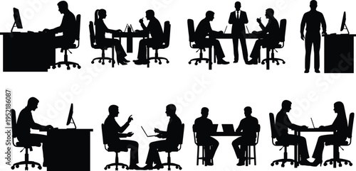 PrintBusiness Office Silhouettes Featuring Employees Working At Desks Using Computers Having Meetings And Collaborating In Professional Workspace Environments Vector Illustration