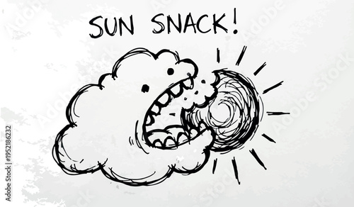 A whimsical, hand-drawn vector illustration depicting a hungry cartoon cloud happily devouring the sun, with the playful text "SUN SNACK!" above, rendered in a charming, sketchy black and white style.
