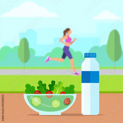 Woman jogging in the park with salad and water bottle