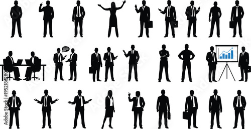 Business silhouettes of people in office meetings giving presentations shaking hands and working at desks for corporate professional vector design