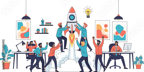 Business Team Launching Rocket in Office for Startup Success Innovation Creative Idea Celebration Achievement Professional Growth Partnership and Collaborative Entrepreneurship Concept