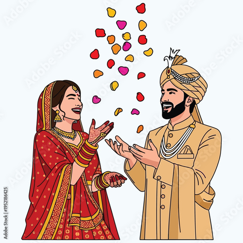 Indian wedding couple celebrating with flower petals, traditional attire, illustration