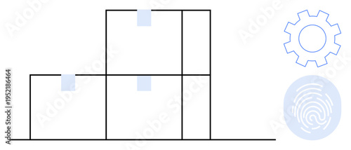 Logistics, supply chain, digital security, automation, identity verification, organization. Stacked boxes with a cogwheel and fingerprint icon. Logistics and digital security concept