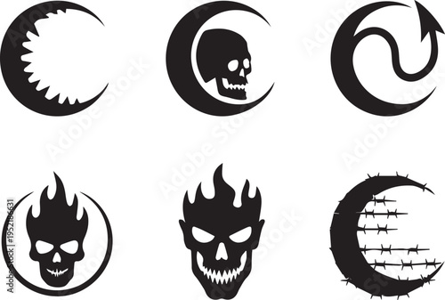 Collection of six unique crescent moon symbols with various designs