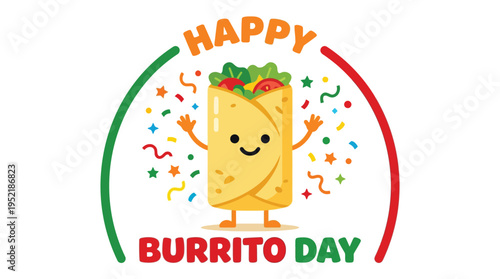 Happy Burrito Day Cute Kawaii Mascot Character with Confetti Vector