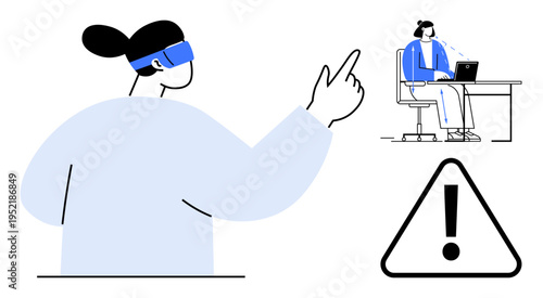 Augmented reality concept. Augmented reality user wearing VR glasses interacting with virtual space. Augmented reality implications for technology, workplace productivity, safety, innovation