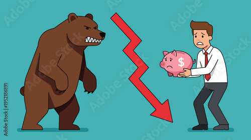 Bear Market Financial Crisis Concept with Sad Businessman and Piggy Bank Vector