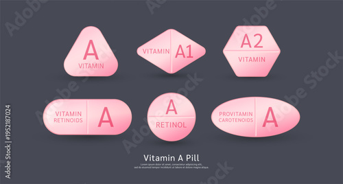 Vitamin A pill pink capsule drug. Preformed Retinoids Provitamin A Carotenoids. On dark background. For products design supplement food. Medical science . 3D vector.